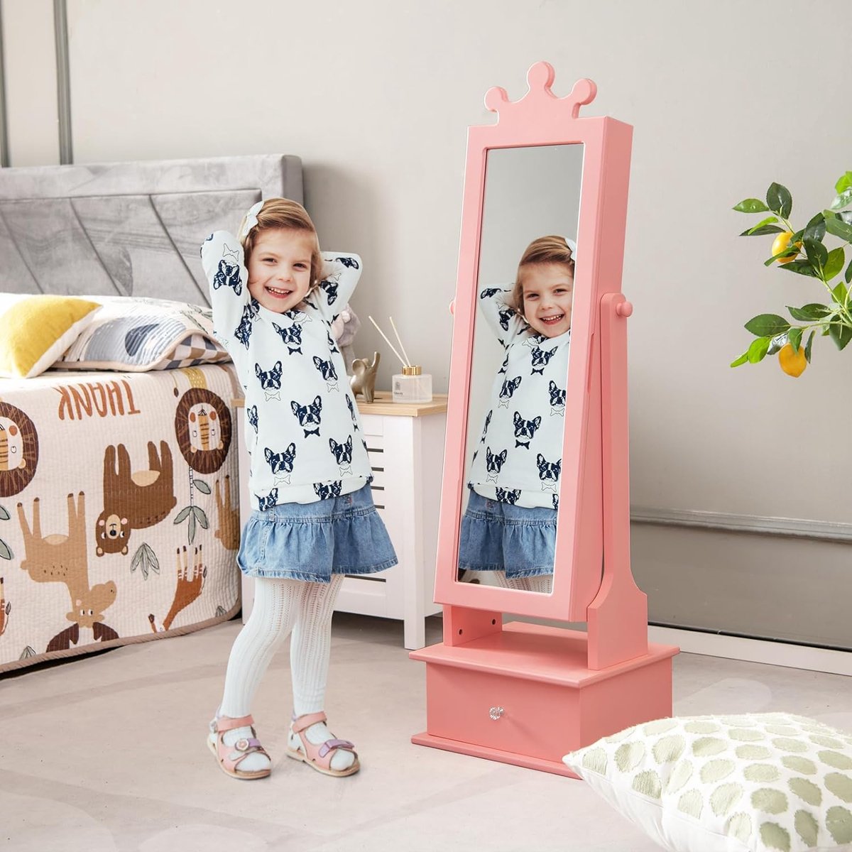 Kinderjuwelenkast, kantelbaar met passpiegel, 2 verstelbare hellingshoeken en 3 lades, make-upspiegel, kroonvormige juwelenhouder voor kinderen vanaf 3 jaar (roze)