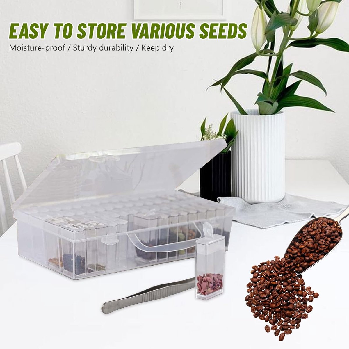 Seed Storage Box, with 64 compartments and 112 stickers, seed tray for flower seeds, vegetable seeds, fruit seeds, pepper seeds, clover seeds, basil seeds, tomato seeds