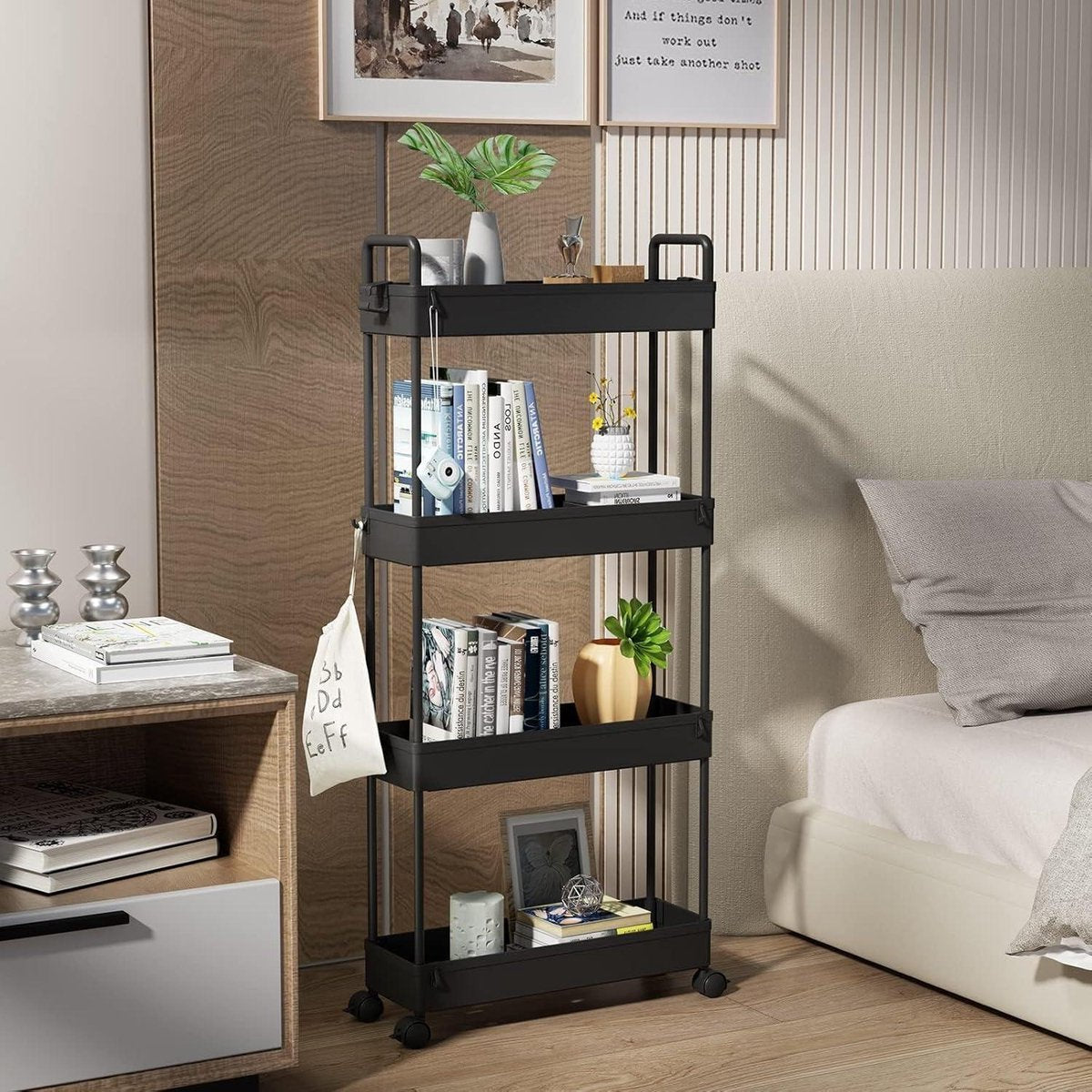 4-Tier uitschuifbare opbergtrolley - rolbare boodschappentrolley - mobiele opbergrekken - keuken badkamer wasruimte slaapkamer - smalle ruimtes - zwart