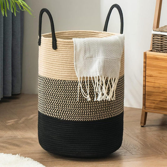 Woven Cotton Laundry Basket - Laundry Collector and Toy Storage Basket with Handle - Handmade - Z-Brown 2 Laundry Basket