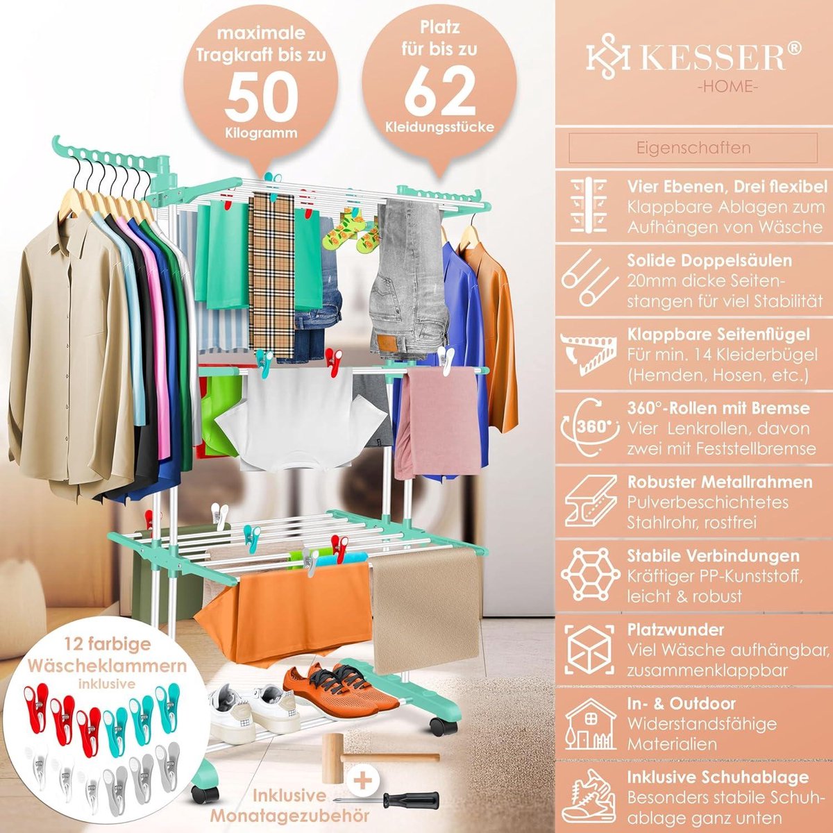 Clothes drying tower with wheels - Space-saving clothes dryer for indoor & outdoor use - 4 levels - 2 swivel side wings - 6 foldable levels - Standing dryer - Foldable clothes rack