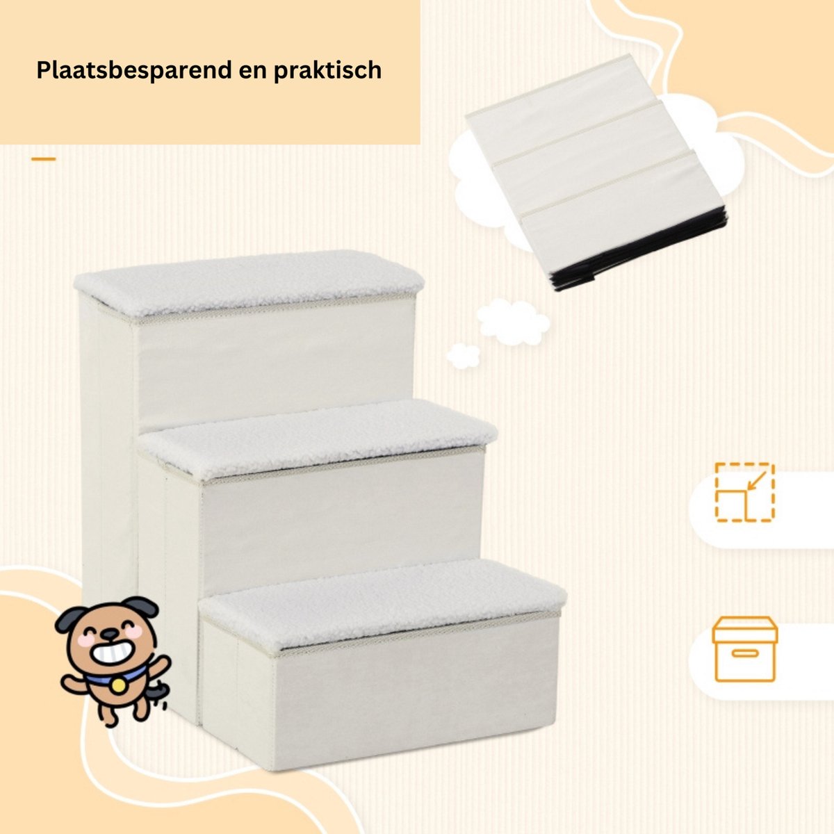 Dog stairs with 3 steps - Cat stairs - Pet stairs - Steps - Footstool - White - 40 x 54 x 48 cm