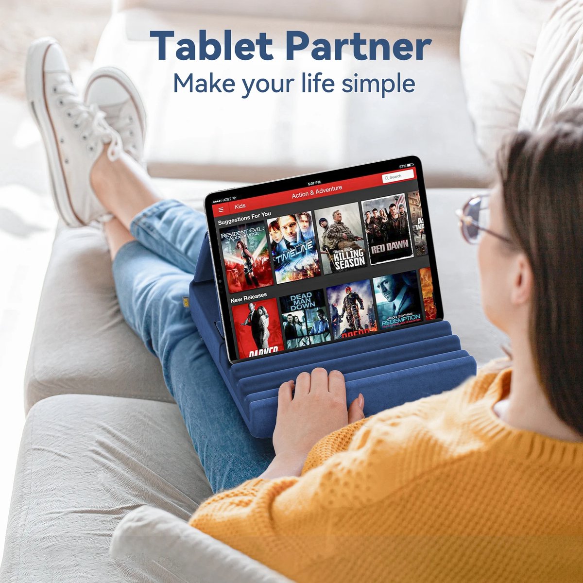 Foldable Tablet Pillow Holder – Suitable for iPad and Tablets – Soft and Sturdy with Pocket and Stylus Holder – Ideal for Use on Lap, in Bed, and on Desk