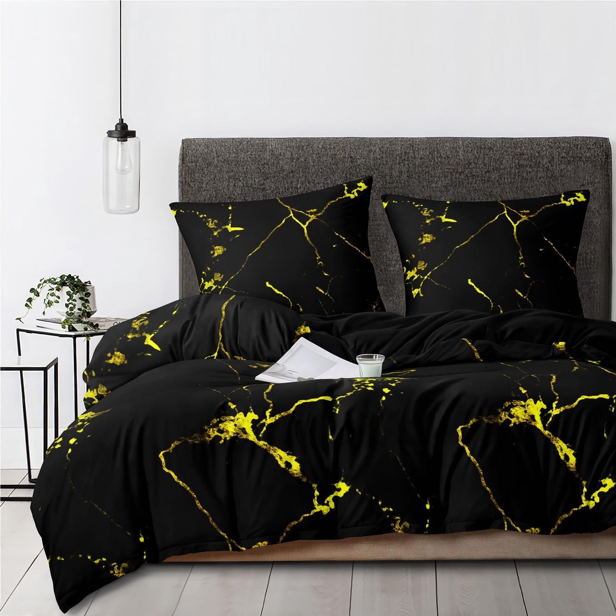 3D beddengoed, 135 x 200 cm, marmerpatroon, zwart, goud, omkeerbare beddengoedset, esthetisch, elegant, voor mannen en tieners, dekbedovertrek en kussensloop 80 x 80 cm, met ritssluiting