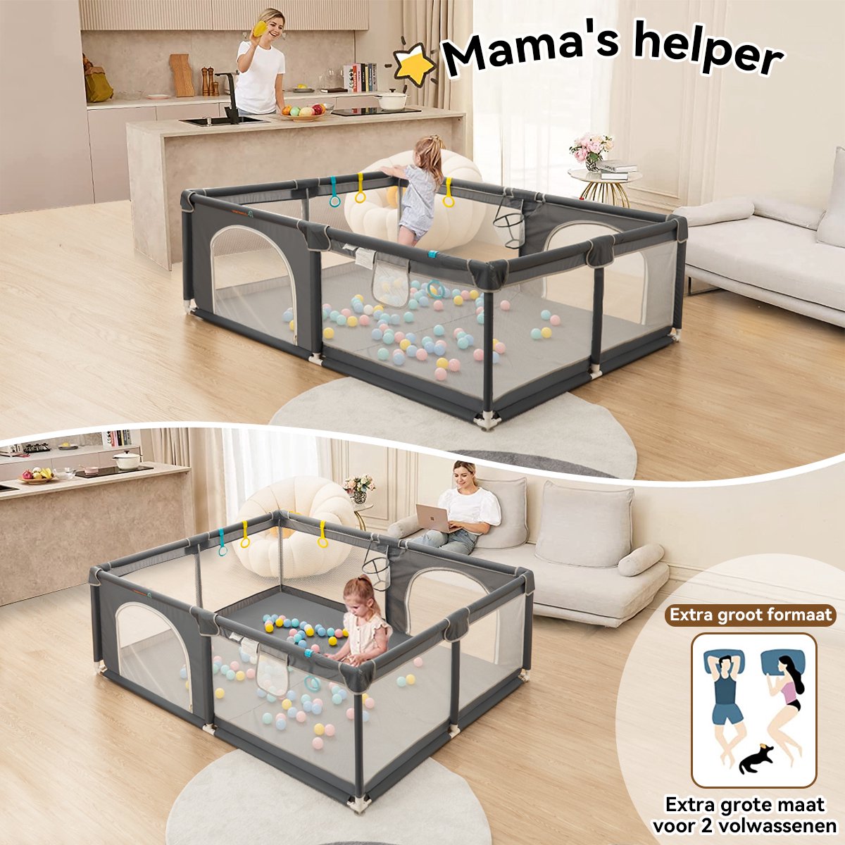 Playpen - Oversized Rectangular Playpen - 180 x 150 cm - Dark Grey