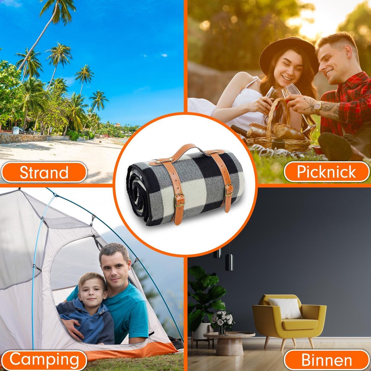 Sam's Home XXL Picknickkleed - Waterdicht - 200 x 200 cm - Lederen houder - Buitenkleed