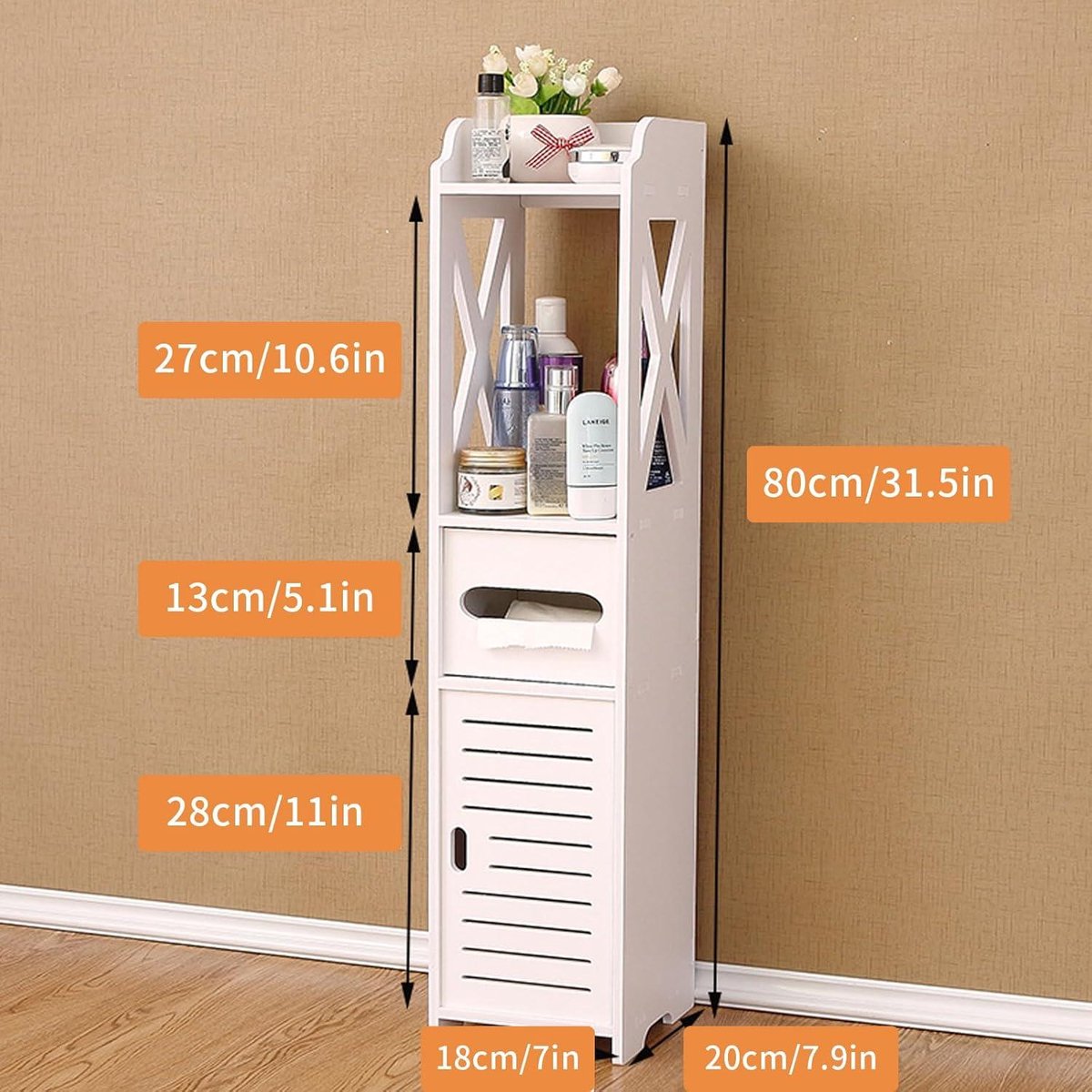 Free-standing Toilet Cabinet Narrow Tall Cabinet White Toilet Roll Holder - Bathroom Rack 80 x 20 x 18 cm bathroom tall cabinets