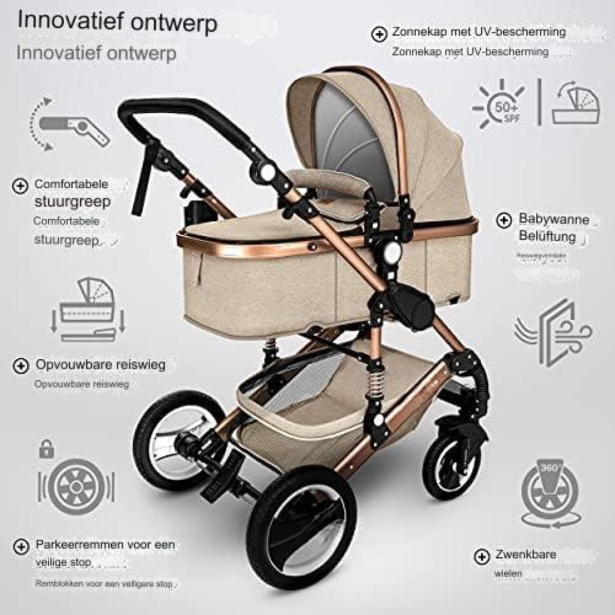 3-in-1 kinderwagen - 3-in-1 babywagen - Wandelwagen - 3-in-1 kinderwagen incl. autostoel - Beige/Kopergoud