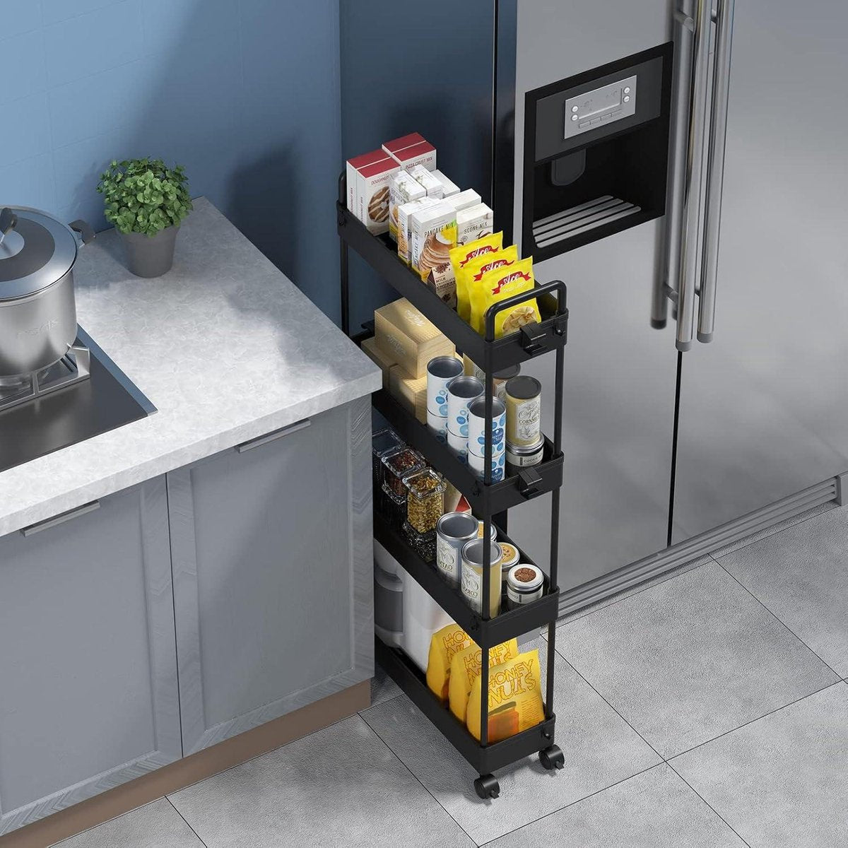 4-Tier uitschuifbare opbergtrolley - rolbare boodschappentrolley - mobiele opbergrekken - keuken badkamer wasruimte slaapkamer - smalle ruimtes - zwart