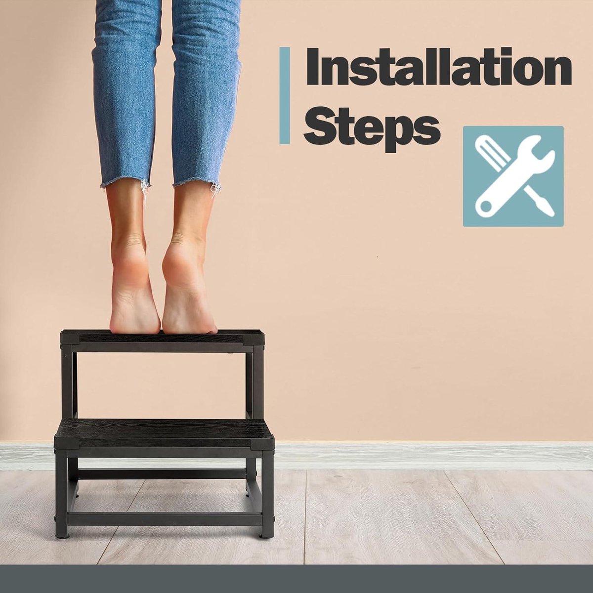 2-Step Stool Heavy Duty Steel and Wooden Stool - Load Capacity up to 220 kg - for Adults and Children - Black - Bed Kitchen Bathroom