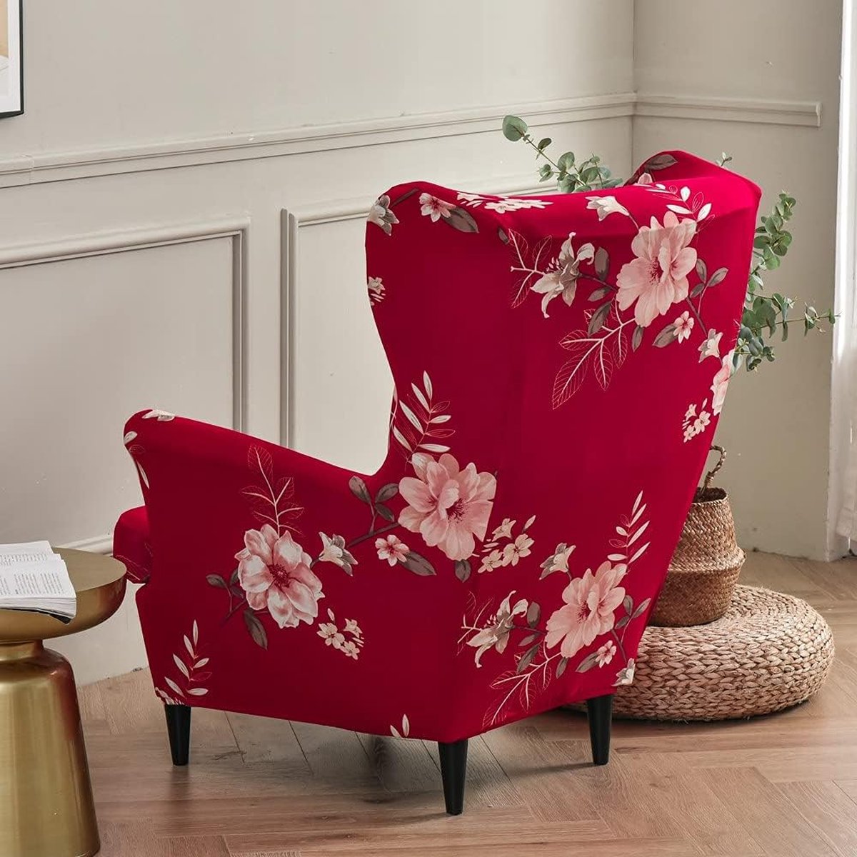 Stoelhoes voor oorfauteuil, 2-delige set, rekbare hoes van wasbaar elastaan, meubelbeschermer voor oorfauteuil in woonkamer, slaapkamer of hotel (geurige rode bloem)