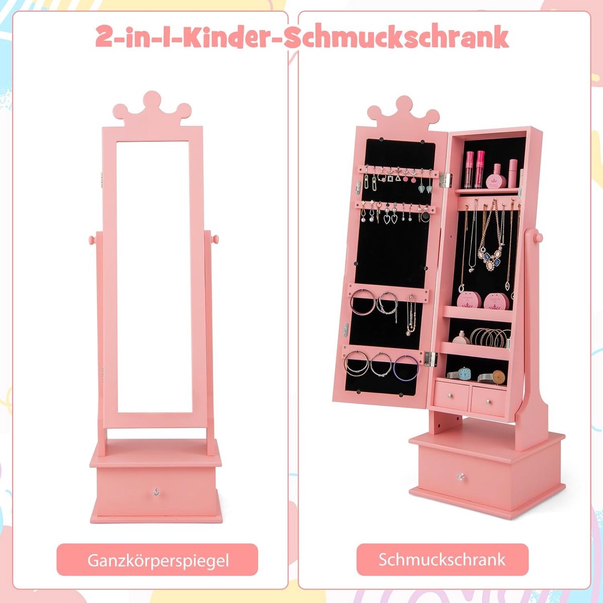 Kinderjuwelenkast, kantelbaar met passpiegel, 2 verstelbare hellingshoeken en 3 lades, make-upspiegel, kroonvormige juwelenhouder voor kinderen vanaf 3 jaar (roze)