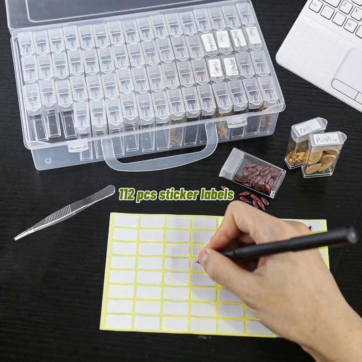 Seed Storage Box, with 64 compartments and 112 stickers, seed tray for flower seeds, vegetable seeds, fruit seeds, pepper seeds, clover seeds, basil seeds, tomato seeds