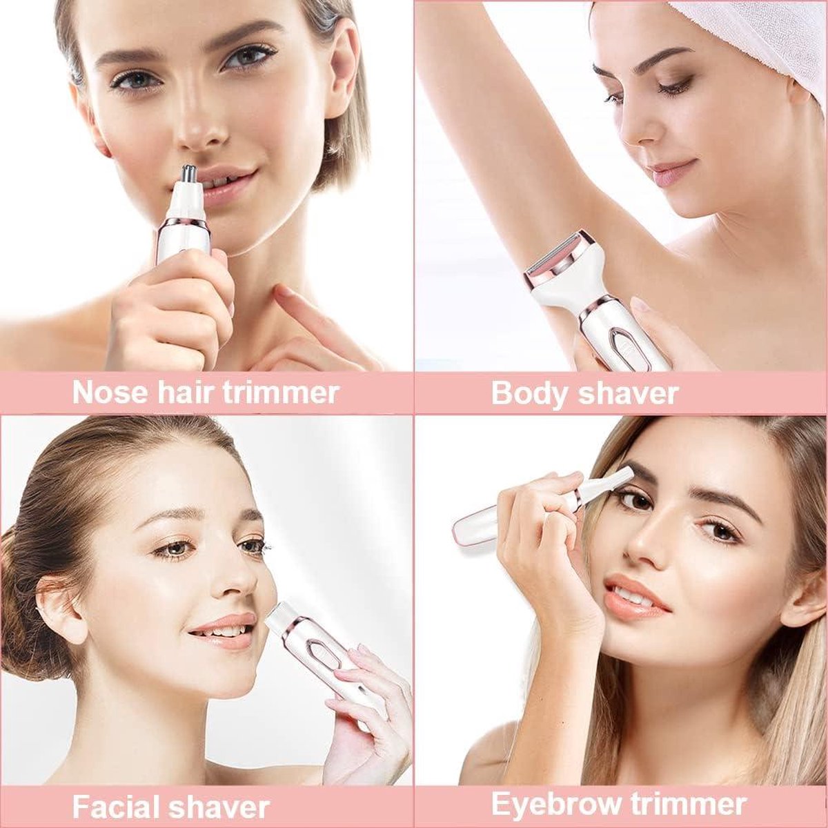Ladyshave draadloos 4-in-1 elektrisch scheerapparaat voor dames - oplaadbaar - pijnloos - bikinitrimmer - nat en droog - ontharen voor gezicht - benen - oksels - neus- en wenkbrauwscheerapparaat vrouw