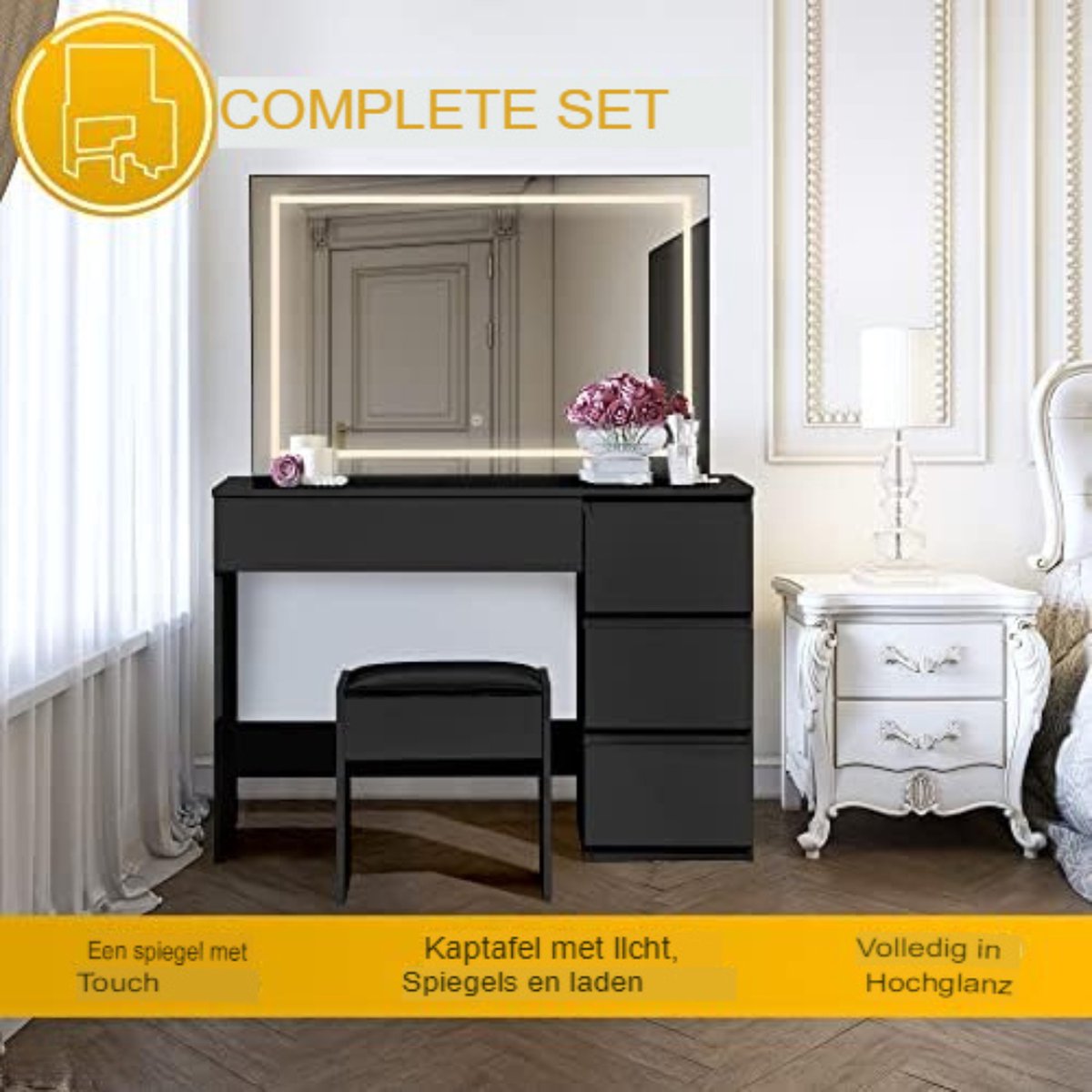 Dressing table with mirror and lighting - 90 x 140 cm - Standard black