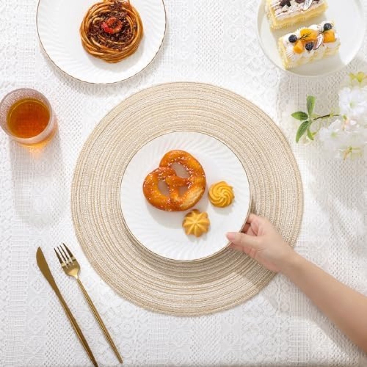 Ronde placemats en onderzetters, set van 6, ronde gevlochten geweven placemats, wasbare tafelmatten en onderzetters, hittebestendige tafelmatten voor keuken, eettafel, thuisrestaurant