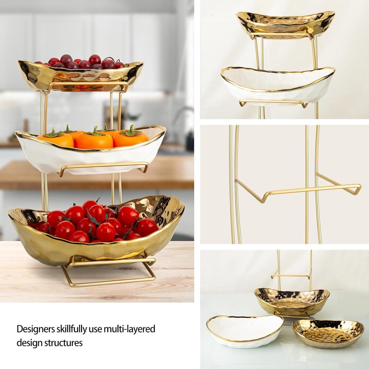 Ceramische fruitschalen met 3-laags metalen rek - fruitmand keramiek - ovale gelaagde keramische serveerschaalset - snoep, snack, noten, cake, dessert - feest, restaurant (goud)