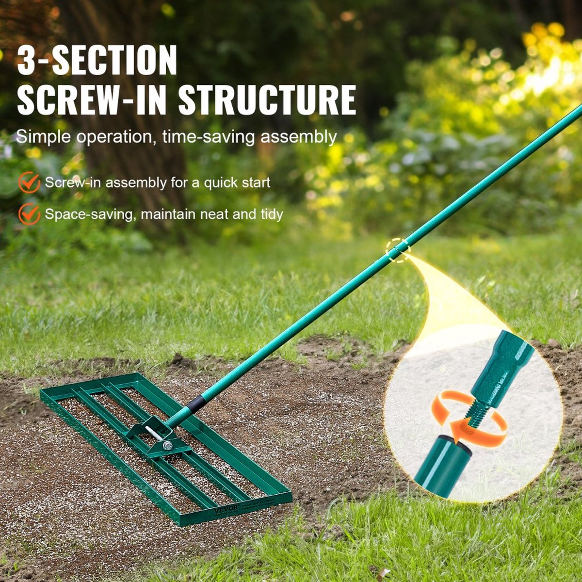 Grashark 760x254 mm Grondplaat Egaliseergereedschap Aluminiumlegering en Q235 Staal Egaliseerhark 1981 mm Stang Grondplaat Golfgras Egaliseergereedschap voor het egaliseren van Zand Aarde Compost en Mos