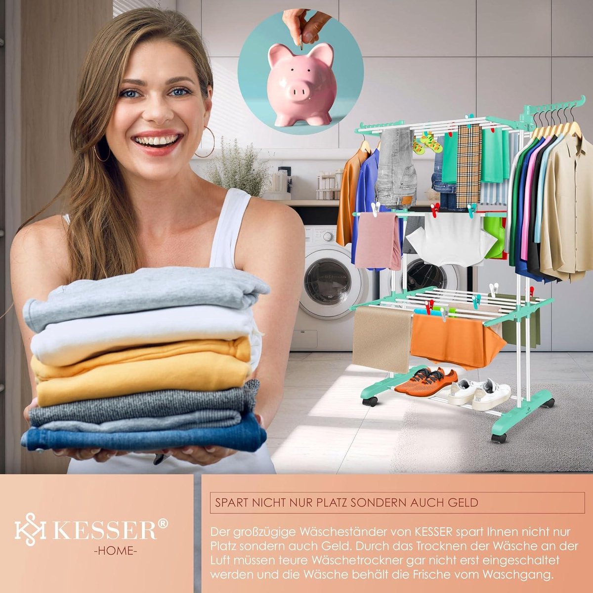 Clothes drying tower with wheels - Space-saving clothes dryer for indoor & outdoor use - 4 levels - 2 swivel side wings - 6 foldable levels - Standing dryer - Foldable clothes rack