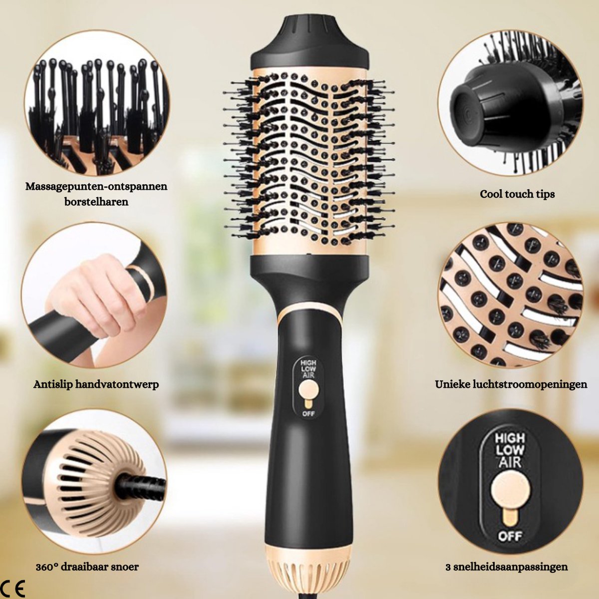 Professional 5-in-1 Hot Air Brush with Titanium Coating - 1000W, Negative Ions, 3 Temperatures, 2 Airflow Settings - Hair Dryer Brush, Hair Dryer, Brush, and Styling Brush in one
