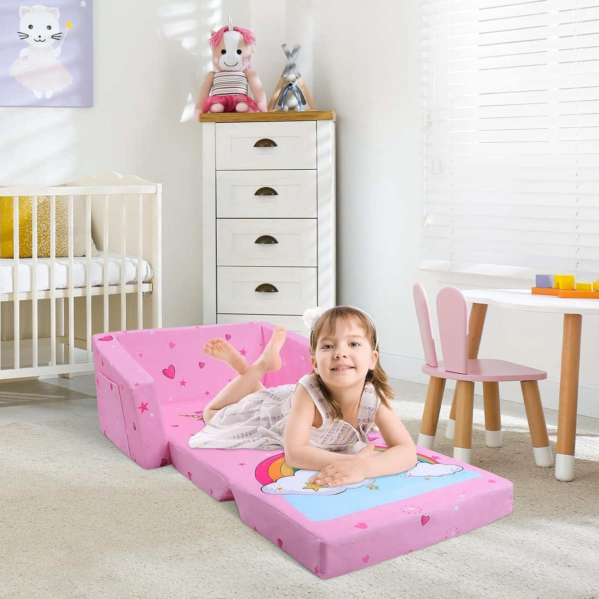 Foldable Children's Sofa Backrest, 2-in-1, Stable Toddler Chair with Fabric Bag and Non-Slip Cushion, Soft Lightweight Flip-Open Children's Chair for Bedroom, Living Room, Playroom, Unicorn
