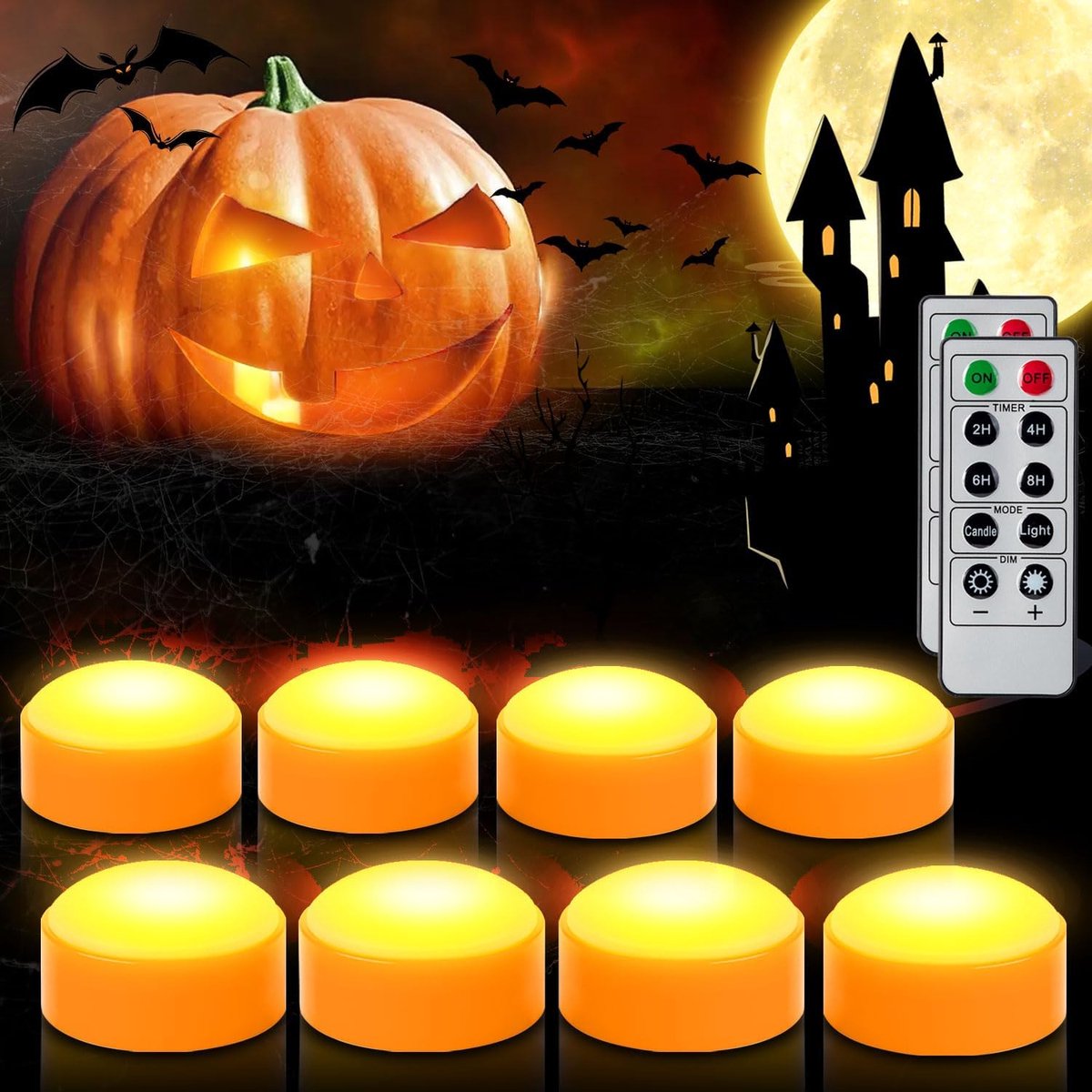 8PCS Halloween Pumpkin LED Lights with Remote Control Timer Bright Flickering Battery Operated Jack-O-Lantern Electric Flameless Candles for Halloween Decorations Gift