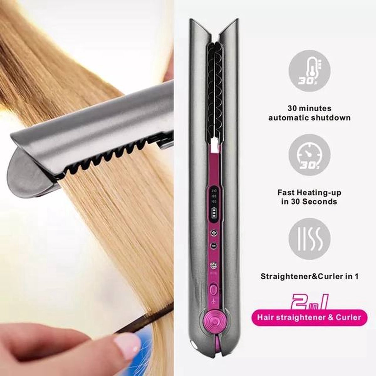 VENEUX® - Draadloze 2-in-1 Krultang en Stijltang - Grijs / Roze