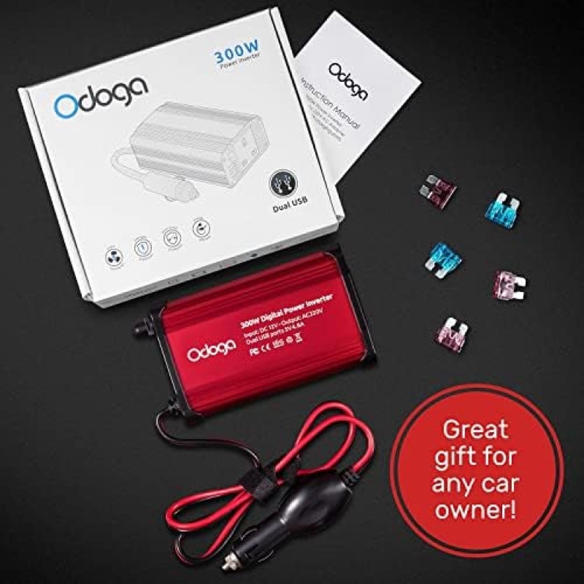 300W Car Power Inverter, 12v to 230v Voltage Converter with 2 USB Ports, Car Cigarette Lighter Plug Inverter