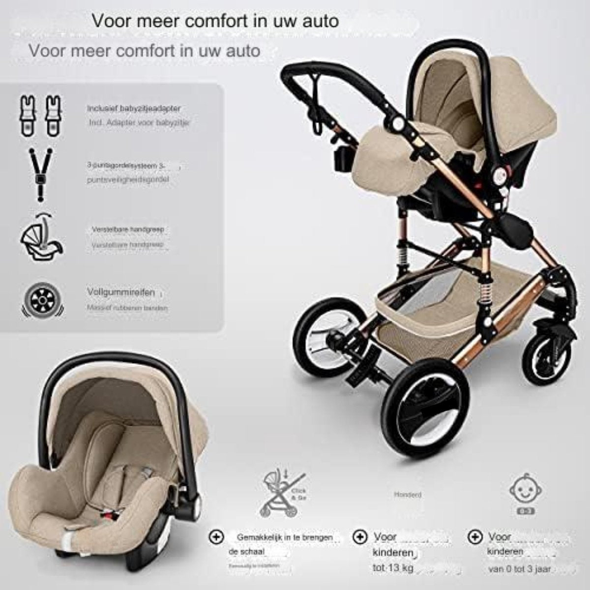 3-in-1 kinderwagen - 3-in-1 babywagen - Wandelwagen - 3-in-1 kinderwagen incl. autostoel - Beige/Kopergoud