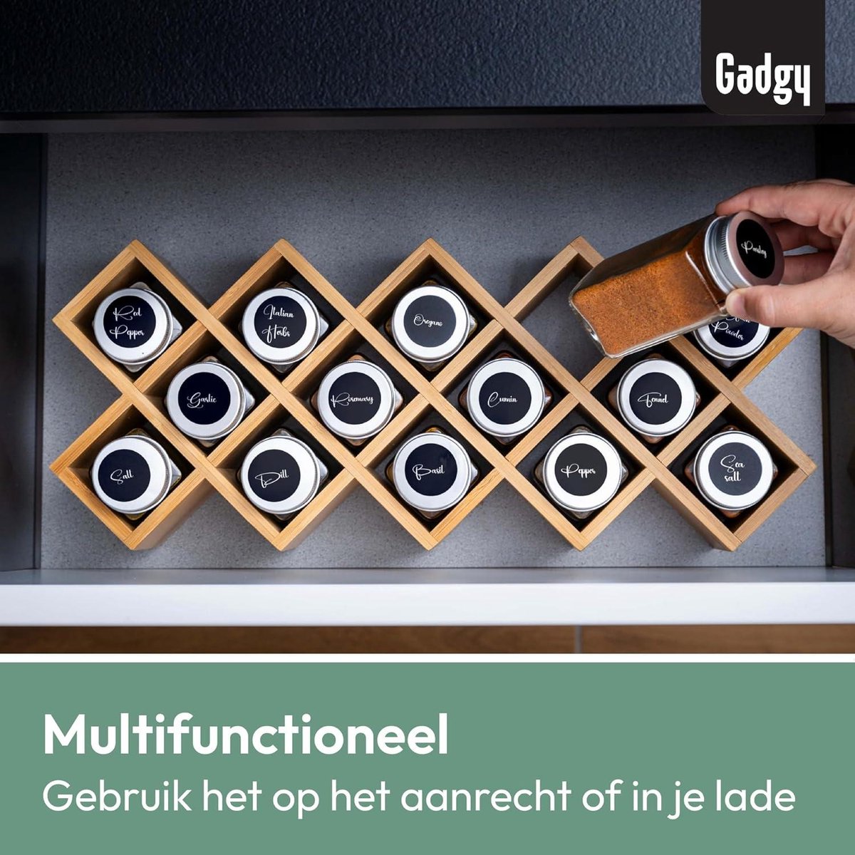 Spice Jars with Labels - Gadgy Standing Spice Rack - Glass Jars with Lids - Bamboo Spice Rack - Set including Rack - Spice Shaker - Labels - Shaker Lid - Pen Spice Jars with Labels