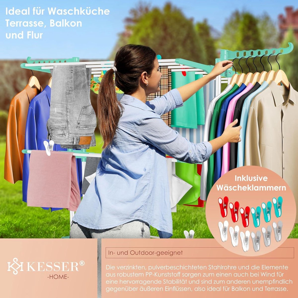 Clothes drying tower with wheels - Space-saving clothes dryer for indoor & outdoor use - 4 levels - 2 swivel side wings - 6 foldable levels - Standing dryer - Foldable clothes rack