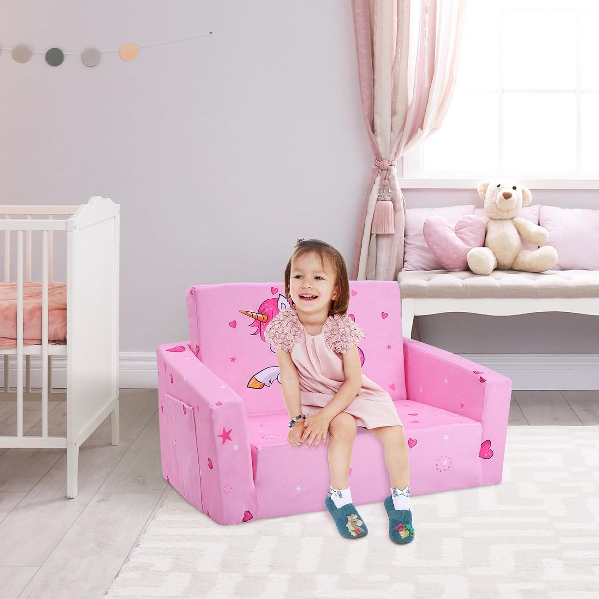 Foldable Children's Sofa Backrest, 2-in-1, Stable Toddler Chair with Fabric Bag and Non-Slip Cushion, Soft Lightweight Flip-Open Children's Chair for Bedroom, Living Room, Playroom, Unicorn