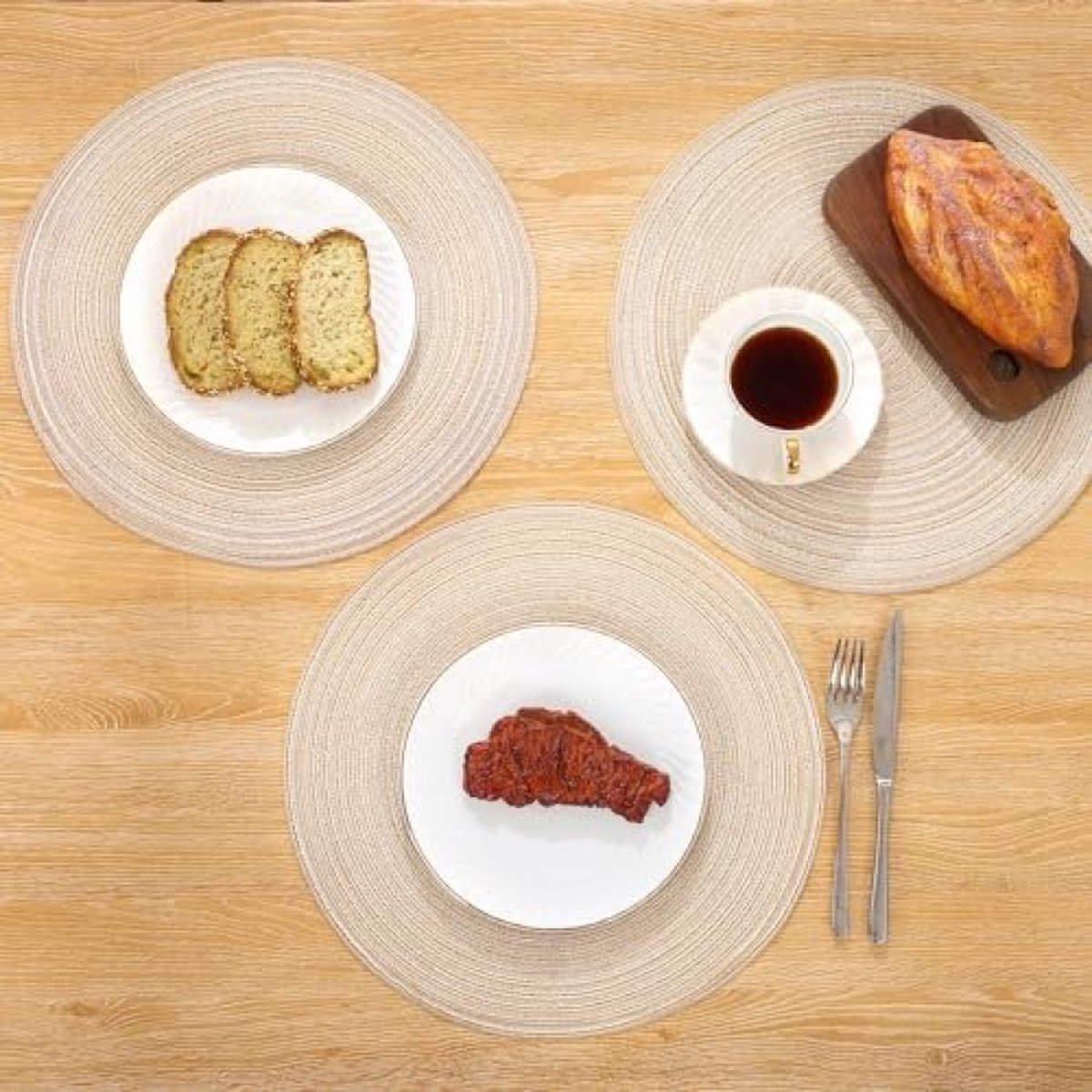 Ronde placemats en onderzetters, set van 6, ronde gevlochten geweven placemats, wasbare tafelmatten en onderzetters, hittebestendige tafelmatten voor keuken, eettafel, thuisrestaurant