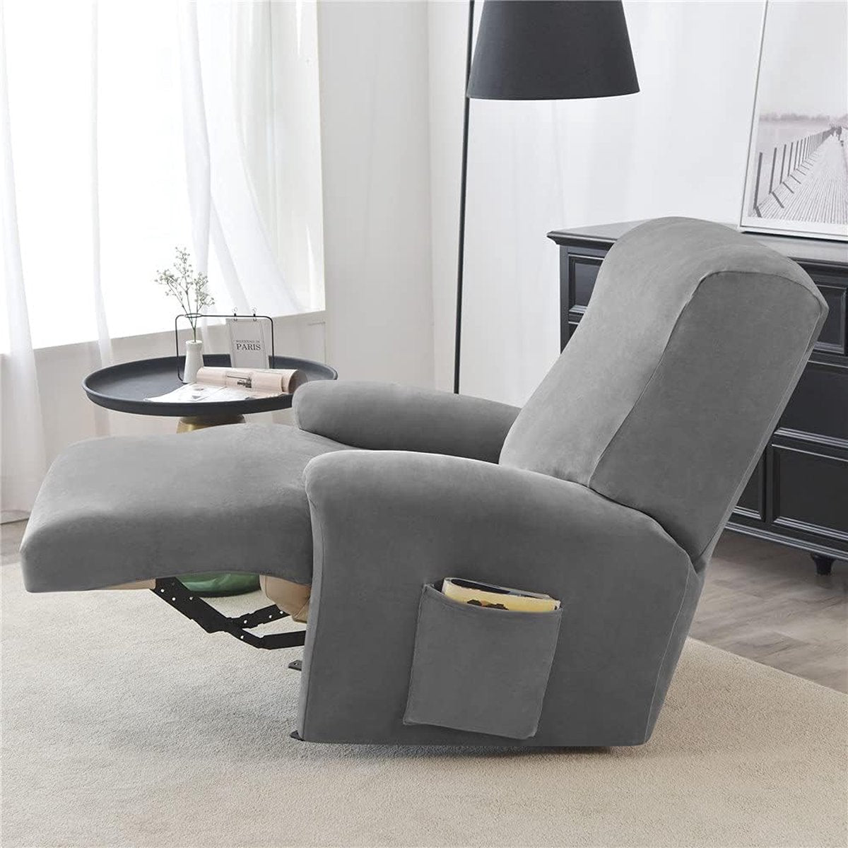 Relaxstoelhoes, zacht, fluweel, rekbaar, 4-delig, antislip, met zijvak, meubelbescherming, wasbaar, voor 1-zits, kantelbare stoel (donkergrijs)