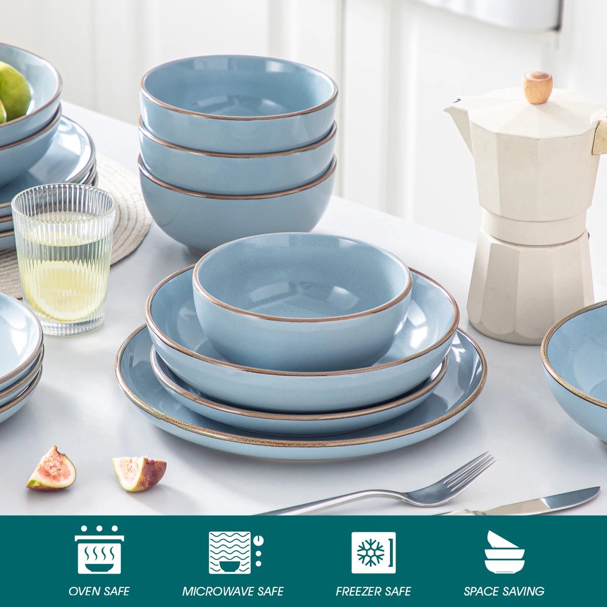 Dinnerware set - Dinnerware sets - Dinnerware set 8 person - Ocean Blue With Brown Rim - Porcelain - 32-Piece Dinnerware - Dinner plate - Dessert plate - Bowl - Soup bowl
