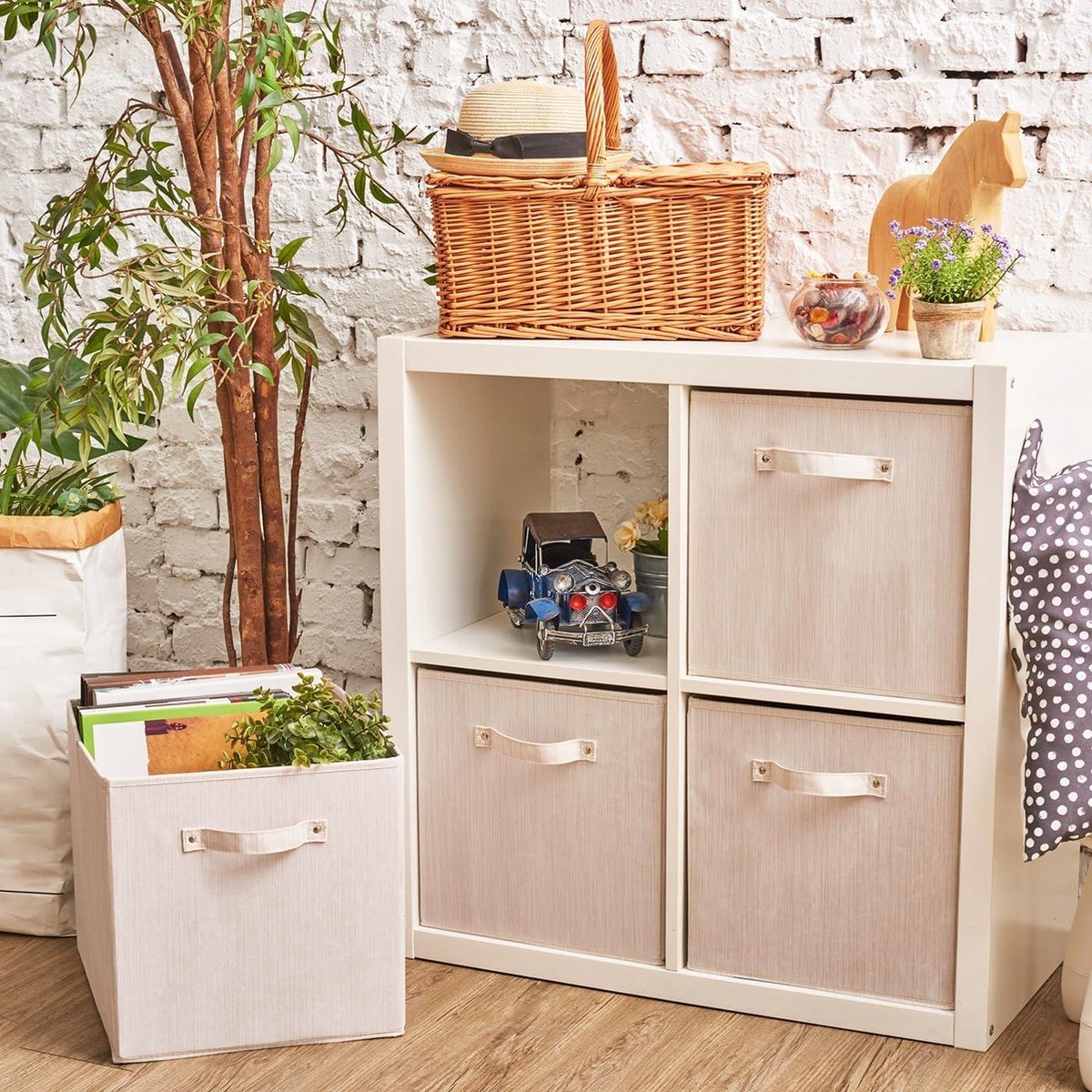 Opbergmand Katoenen Opvouwbare Opbergdoos Met Handvatten Voor Kinderkamer Speelgoed Kast Beige 33x38x33 Cm Opbergbox - Opbergdoos