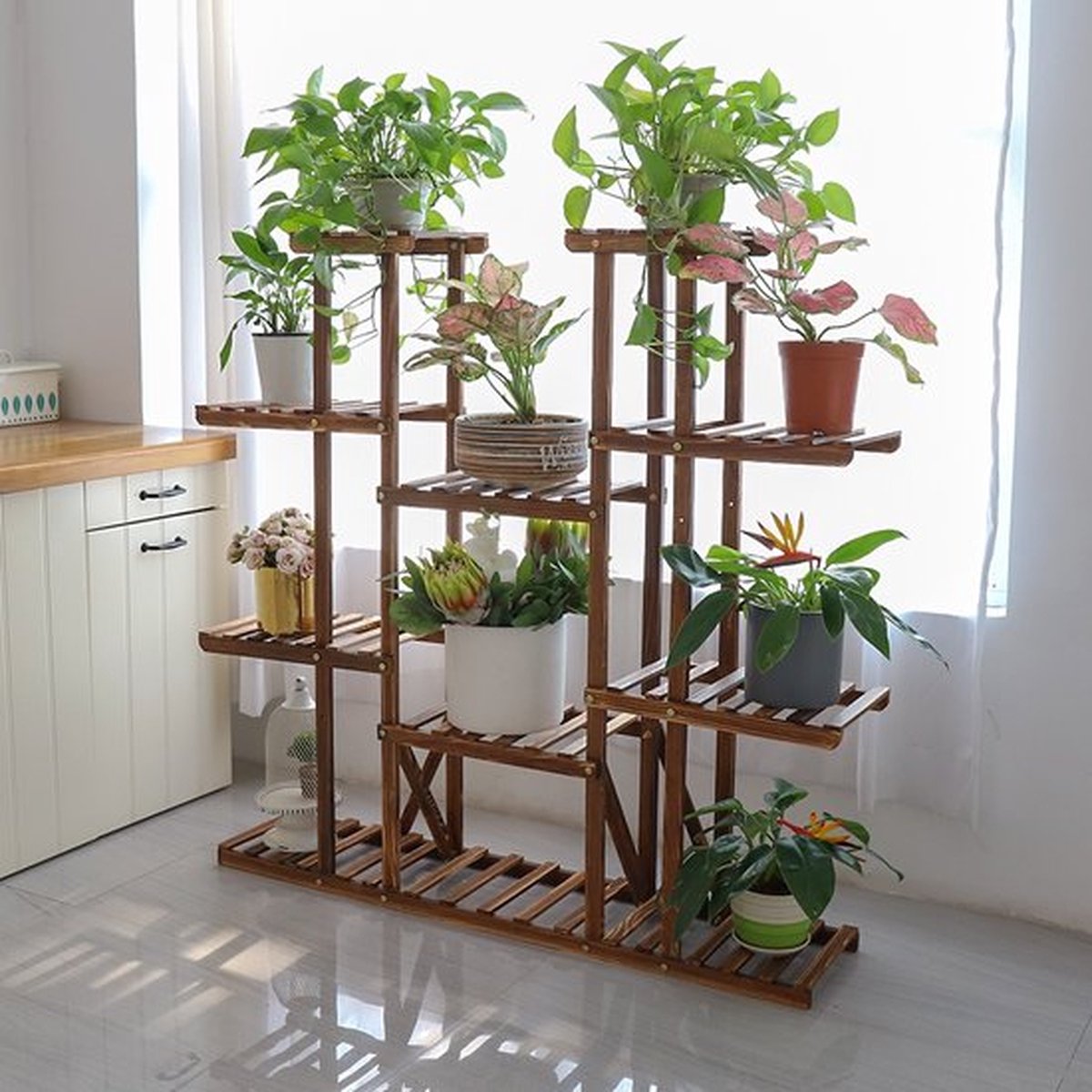 Plant standaard - Ca 10 tot 13 planten - Wandrek - Plantenrek - Tuin - Huis - Binnen & Buiten - 10 Laags - Hout
