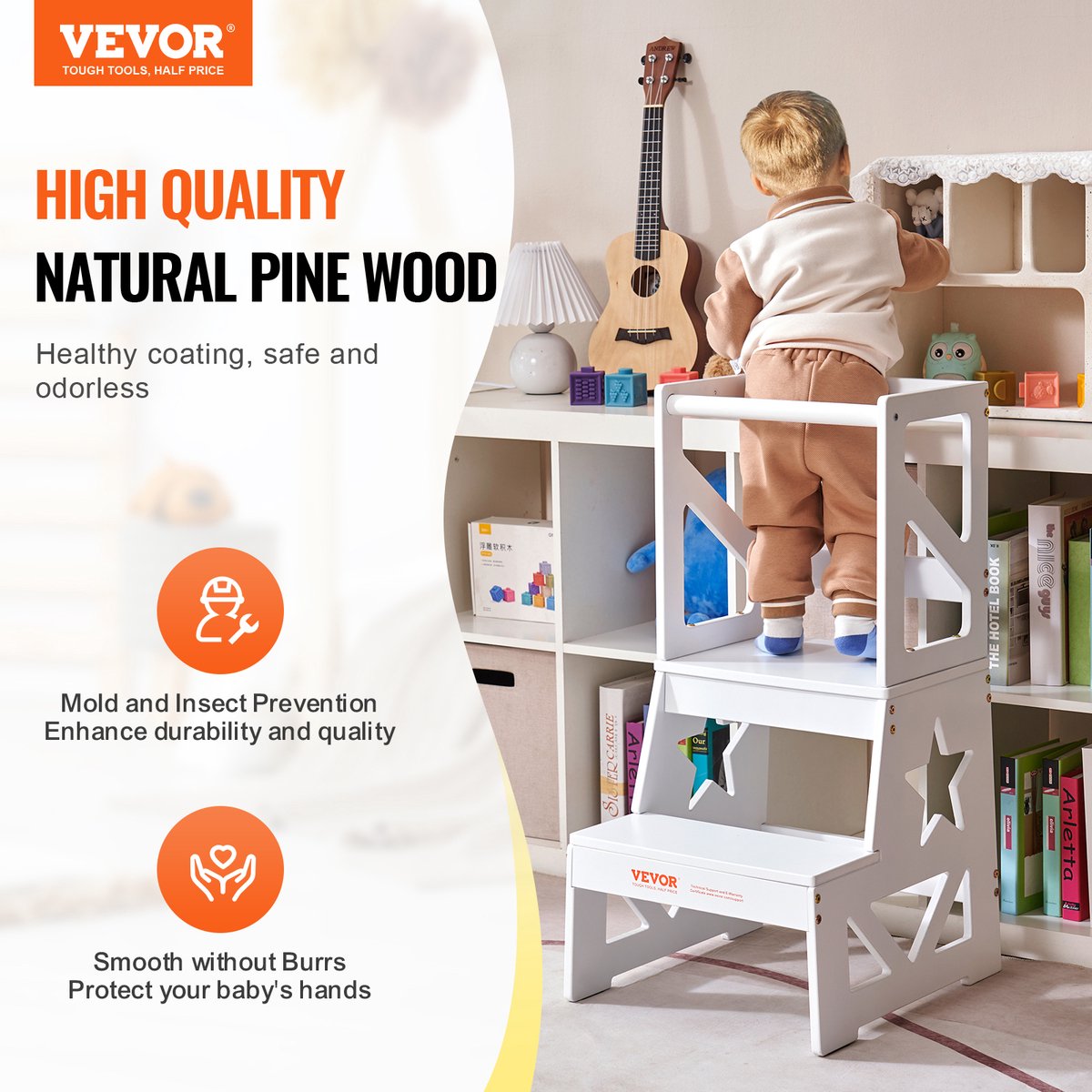 EliteNest® - Peuter Opstapje - Natuurlijk Dennenhout - Keukenopstapje voor Kinderen - Badkamer & Aanrecht - Stevig "A"-Frame - 68 kg Draagvermogen