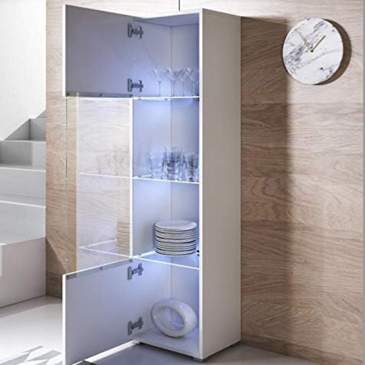 Vitrinekast met ledverlichting - Vitrinekast met glas - Vitrinekasten woonkamer - Verzamelkast - Vitrinekast voor in de keuken, woonkamer, eetkamer, slaapkamer – Wit - 40 x 167 x 29 cm