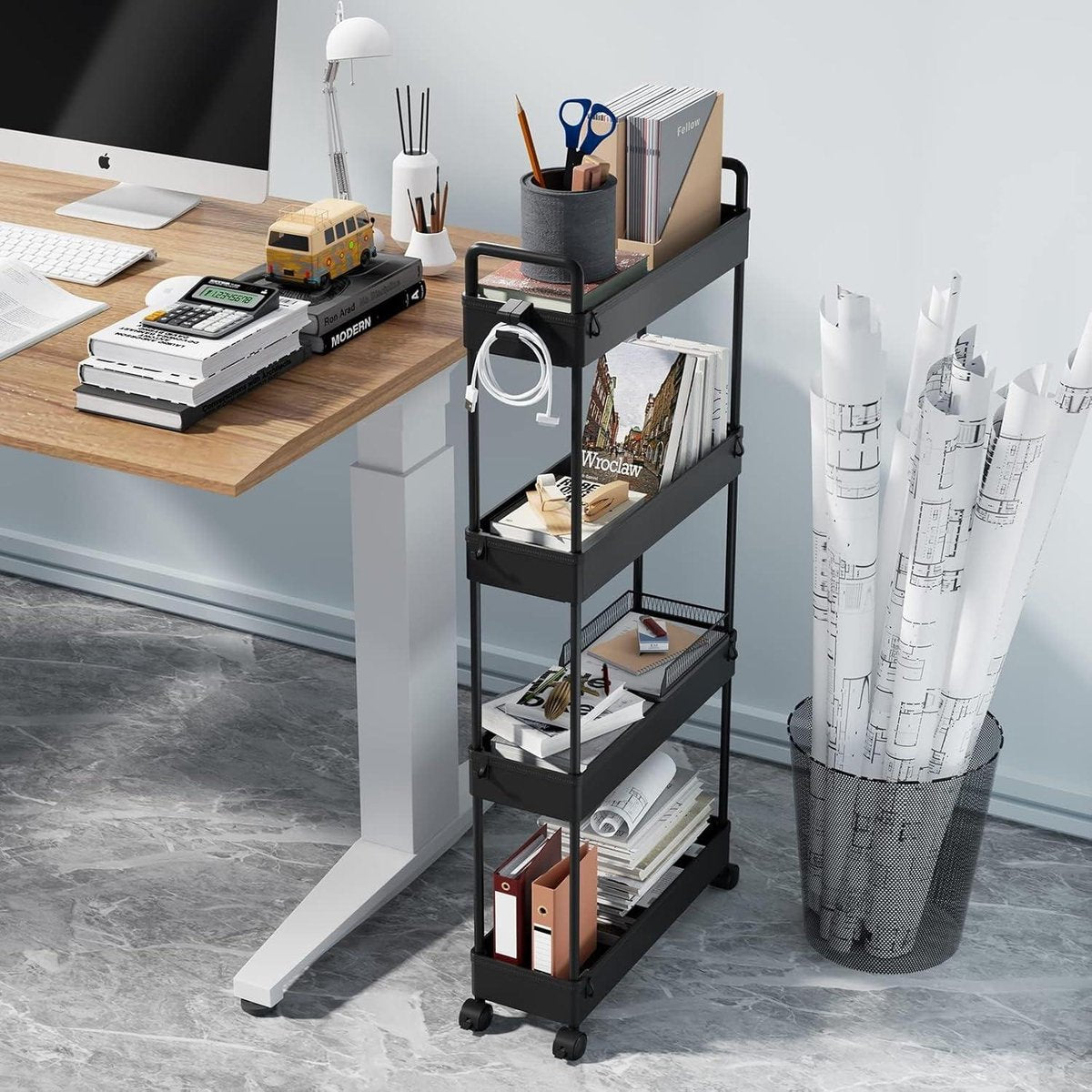 4-Tier uitschuifbare opbergtrolley - rolbare boodschappentrolley - mobiele opbergrekken - keuken badkamer wasruimte slaapkamer - smalle ruimtes - zwart