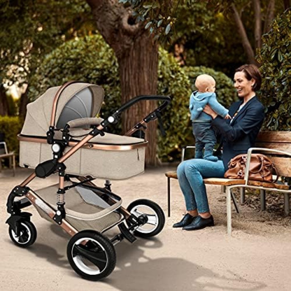 3-in-1 kinderwagen - 3-in-1 babywagen - Wandelwagen - 3-in-1 kinderwagen incl. autostoel - Beige/Kopergoud