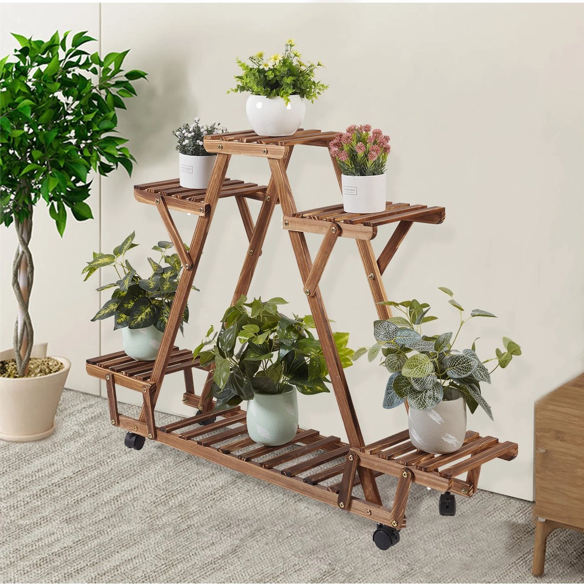 Plantenrek op wielen - Wandrek - Planten - Driehoek vorm - Ladderkast - 6 Planken - 6 Laags - Hout - Binnen/buiten