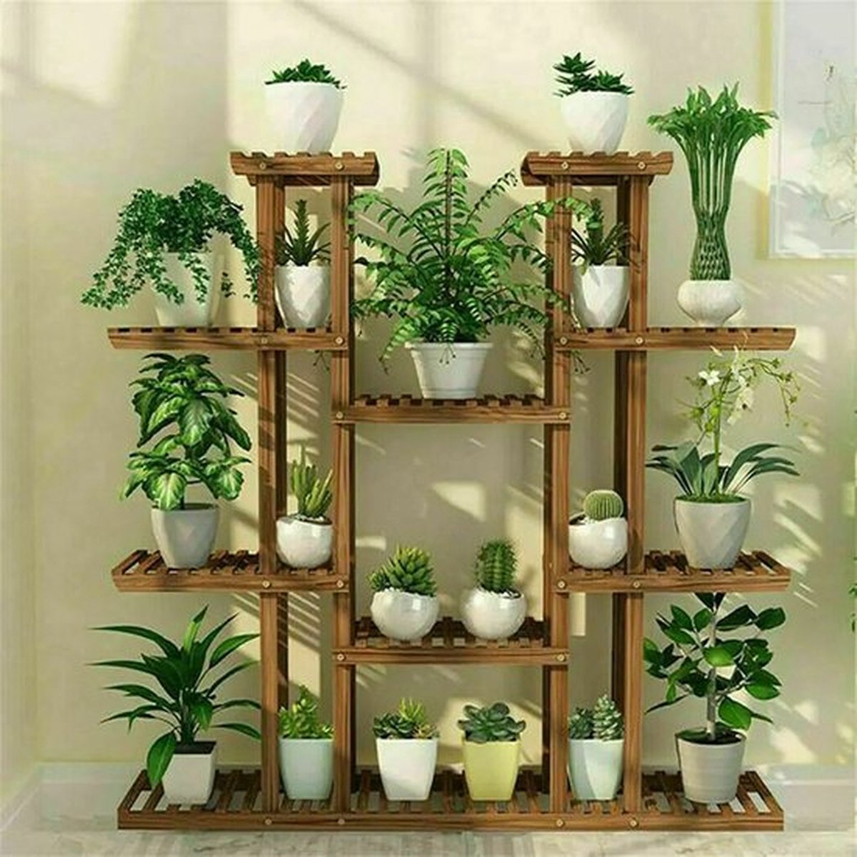 Plant standaard - Ca 10 tot 13 planten - Wandrek - Plantenrek - Tuin - Huis - Binnen & Buiten - 10 Laags - Hout
