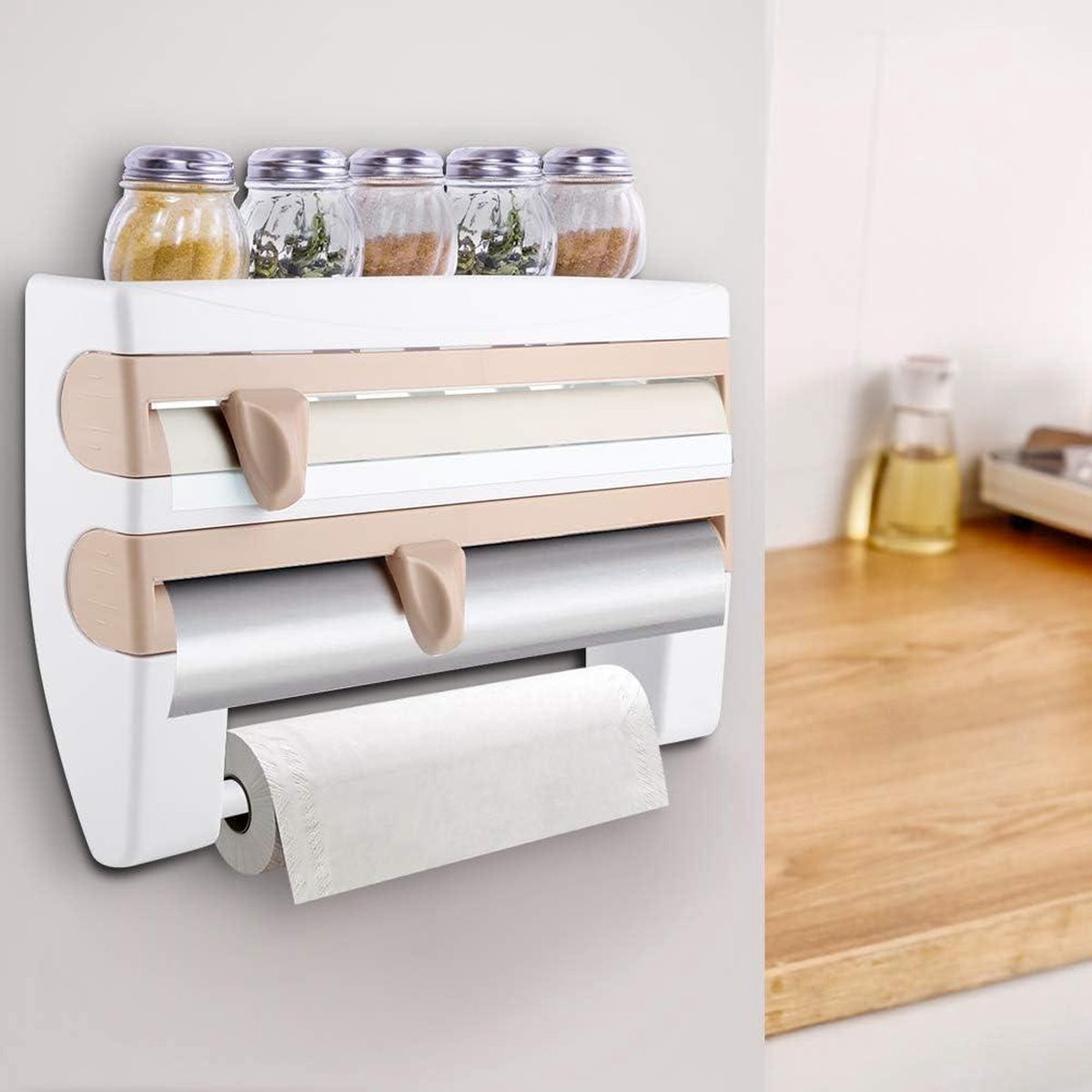 Foliehouder Wandrol met plank - Keukenrolhouder en foliesnijder - Papierrolhouder voor keukenrol - Aluminiumfolie Vershoudfolie Papieren handdoekhouder - Houder Keukengereedschap (kaki)