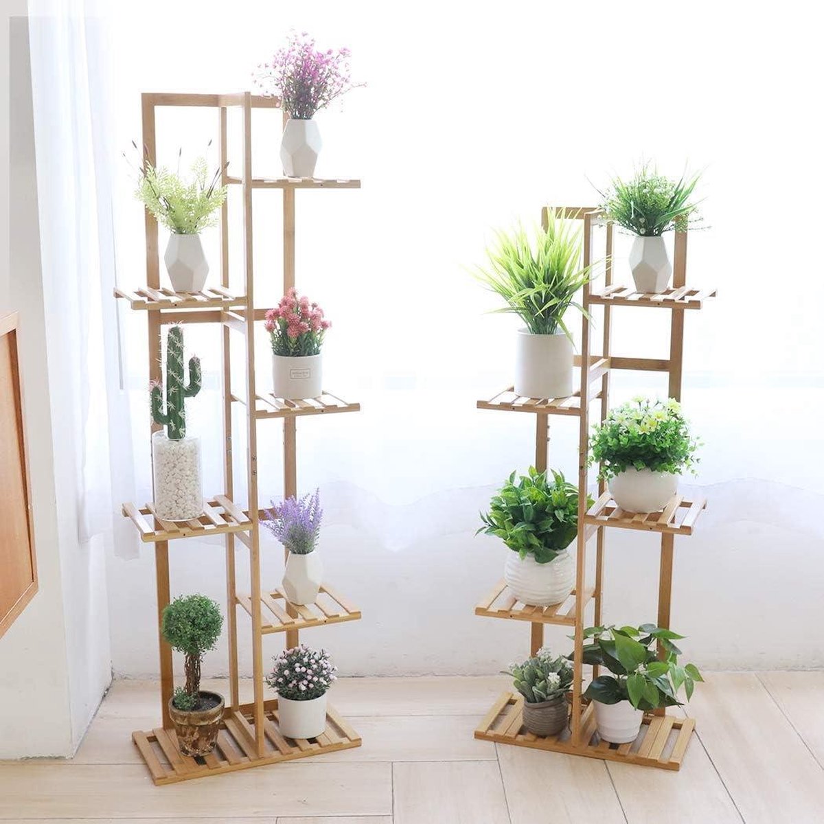 Bamboo Plant Ladder 6 Pot Plants Pot Holder Stand High 5 Tiers - Indoor Outdoor Storage Display Rack - Waterproof Flower Stand with Stand for Bonsai Patio Garden Plant Ladder