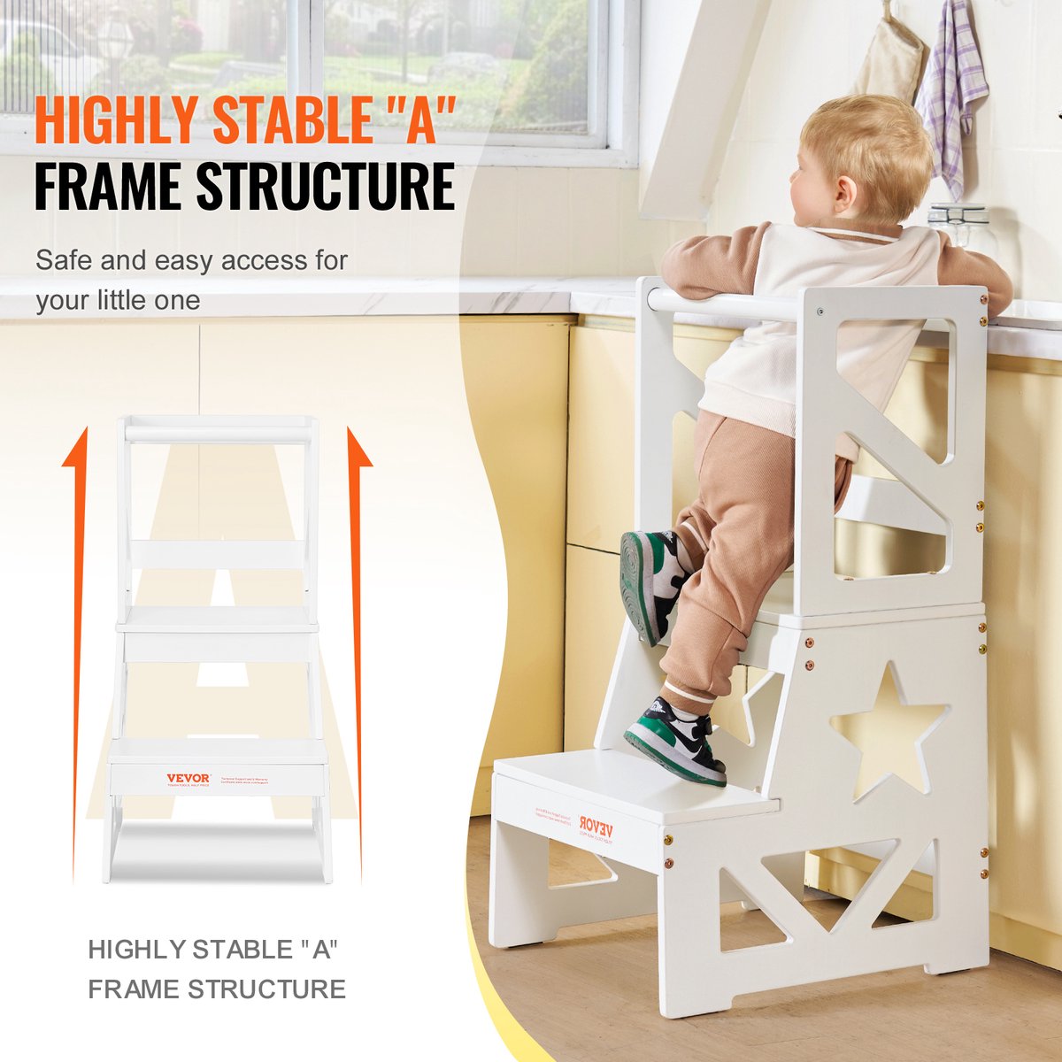 EliteNest® - Peuter Opstapje - Natuurlijk Dennenhout - Keukenopstapje voor Kinderen - Badkamer & Aanrecht - Stevig "A"-Frame - 68 kg Draagvermogen