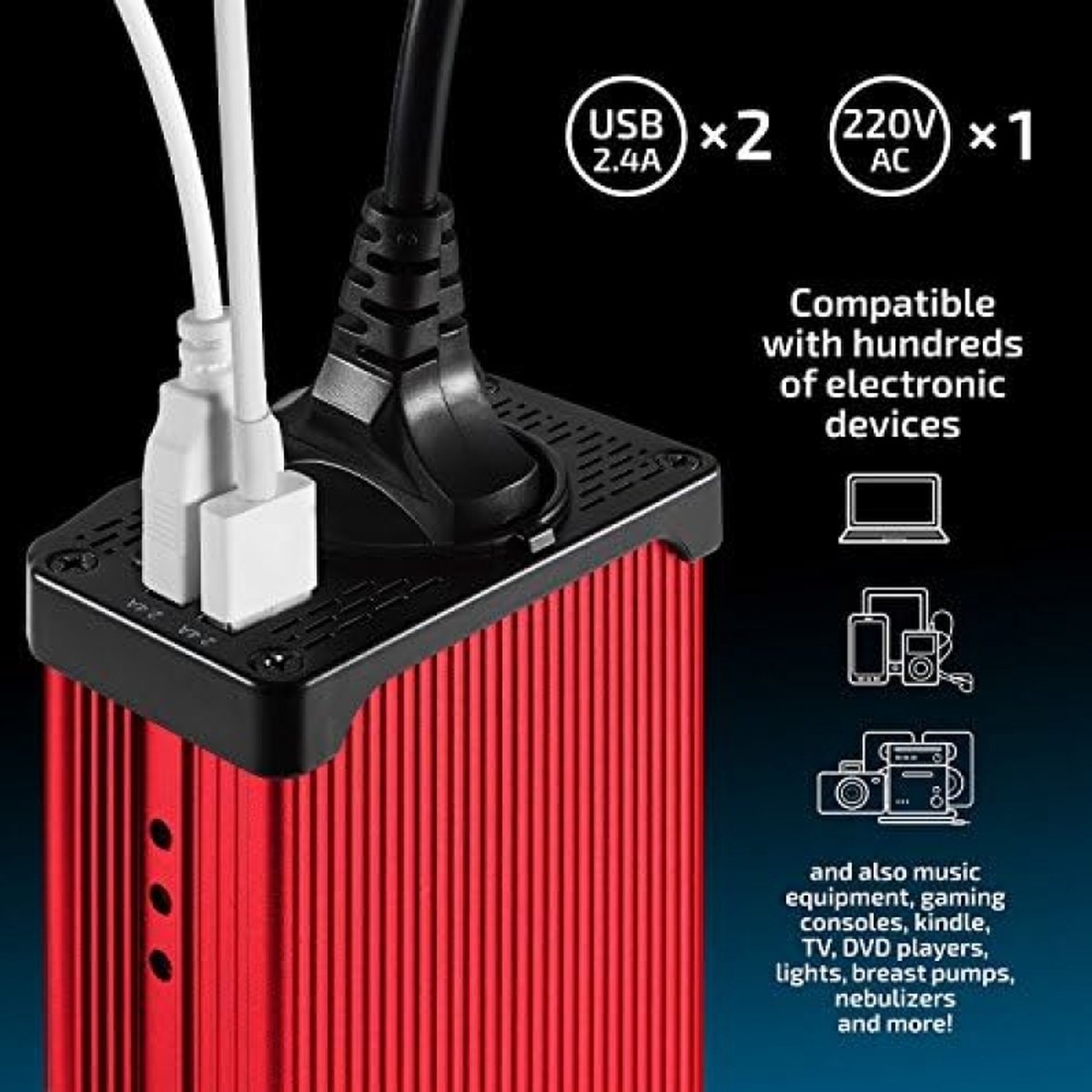 300W Car Power Inverter, 12v to 230v Voltage Converter with 2 USB Ports, Car Cigarette Lighter Plug Inverter