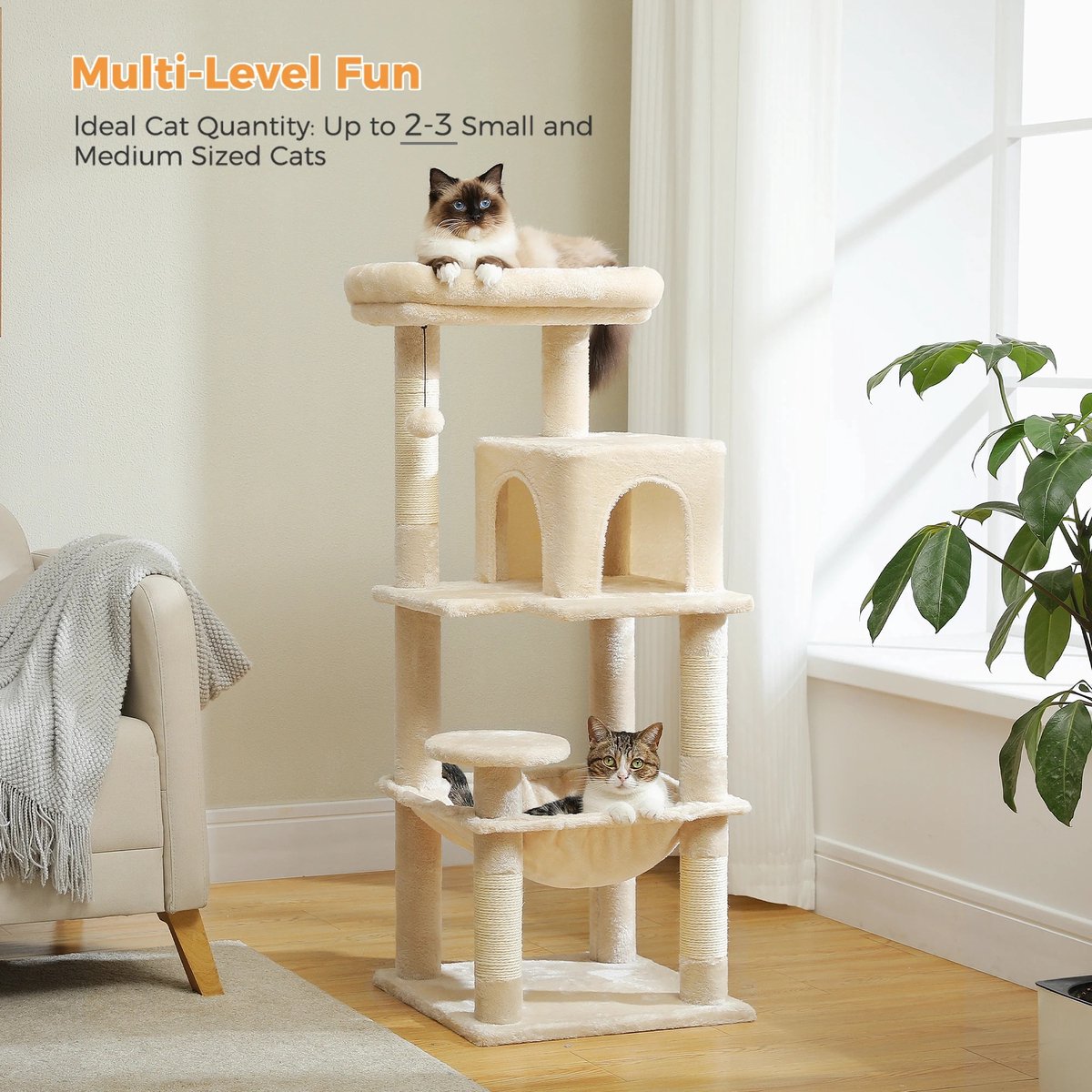 Luxe Krabpaal 116 cm hoog - middelgrote katten klimboom - Met 4 ligvlakken en holten - Met Hangmat - Comfortabel - zacht en stabiel - Crème