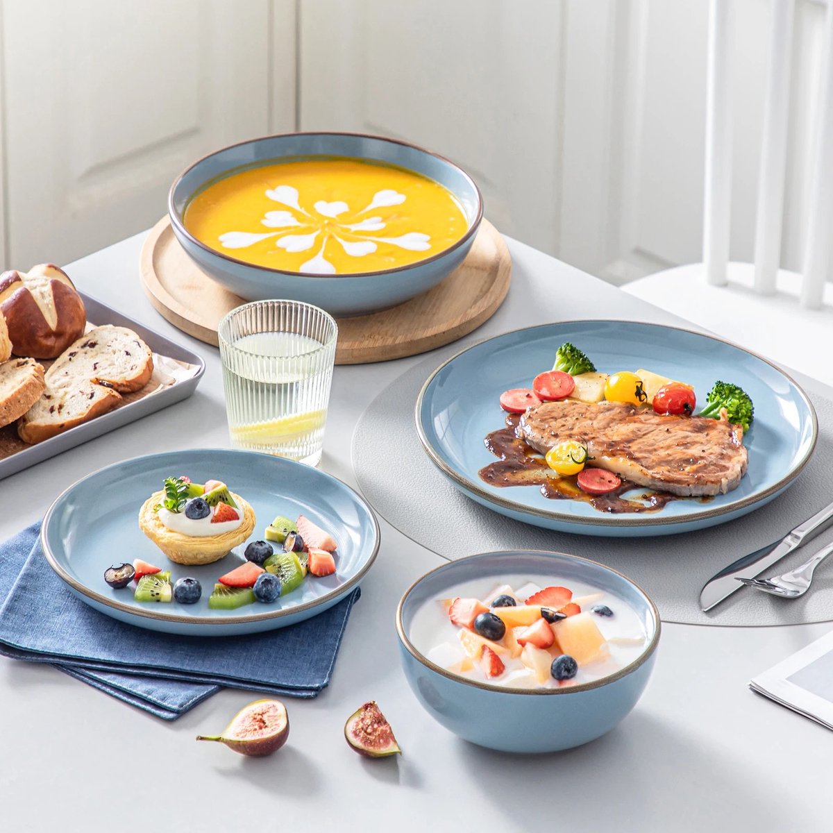 Dinnerware set - Dinnerware sets - Dinnerware set 8 person - Ocean Blue With Brown Rim - Porcelain - 32-Piece Dinnerware - Dinner plate - Dessert plate - Bowl - Soup bowl