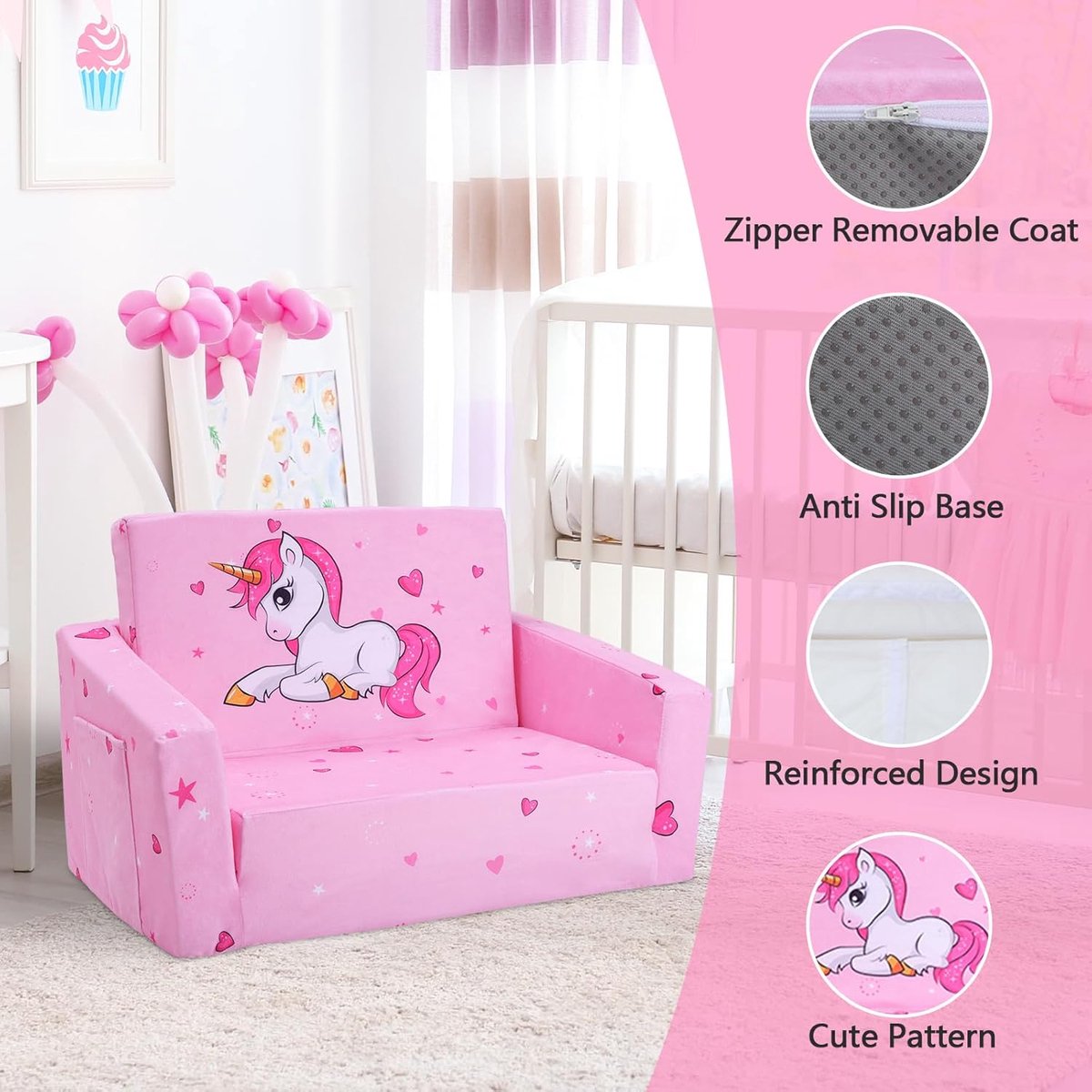 Foldable Children's Sofa Backrest, 2-in-1, Stable Toddler Chair with Fabric Bag and Non-Slip Cushion, Soft Lightweight Flip-Open Children's Chair for Bedroom, Living Room, Playroom, Unicorn